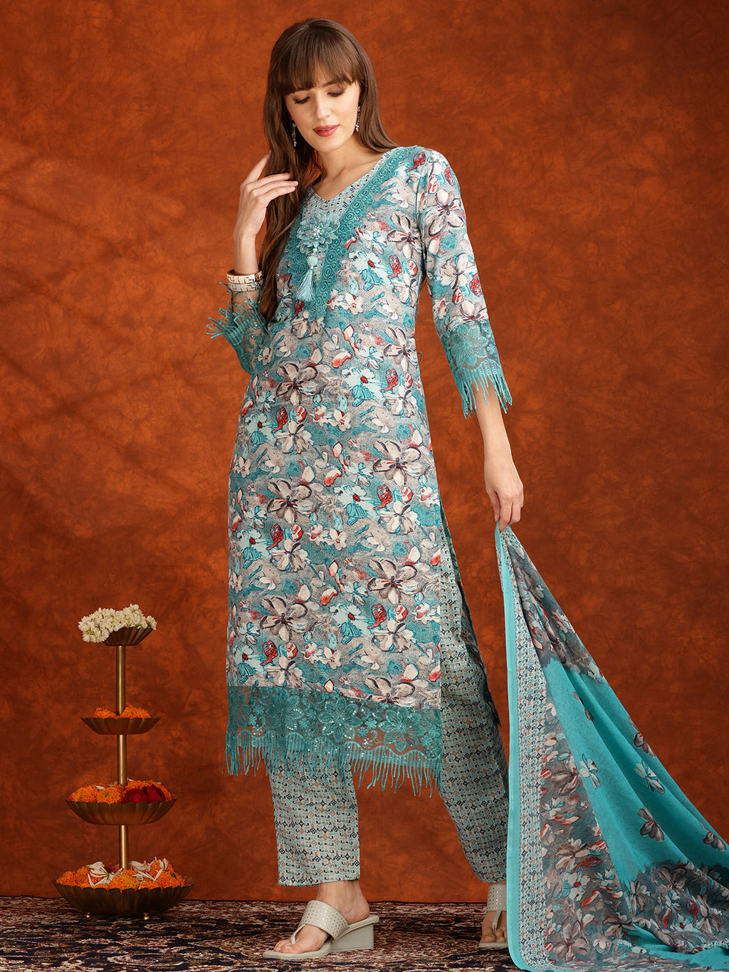 Flower Embellished And Printed Pakistani Kurta With Pant & Dupatta, Aqua-Blue - Hiral Fashion - Distacart