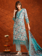 Flower Embellished And Printed Pakistani Kurta With Pant & Dupatta, Aqua-Blue - Hiral Fashion - Distacart