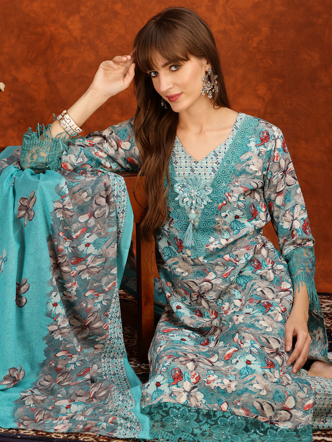 Flower Embellished And Printed Pakistani Kurta With Pant & Dupatta, Aqua-Blue - Hiral Fashion - Distacart
