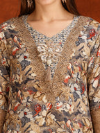 Flower Embellished And Printed Pakistani Kurta With Pant & Dupatta, Brown - Hiral Fashion - Distacart