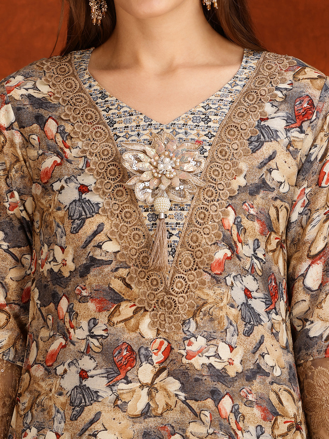 Flower Embellished And Printed Pakistani Kurta With Pant & Dupatta, Brown - Hiral Fashion - Distacart