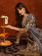 Flower Embellished And Printed Pakistani Kurta With Pant & Dupatta, Brown - Hiral Fashion - Distacart