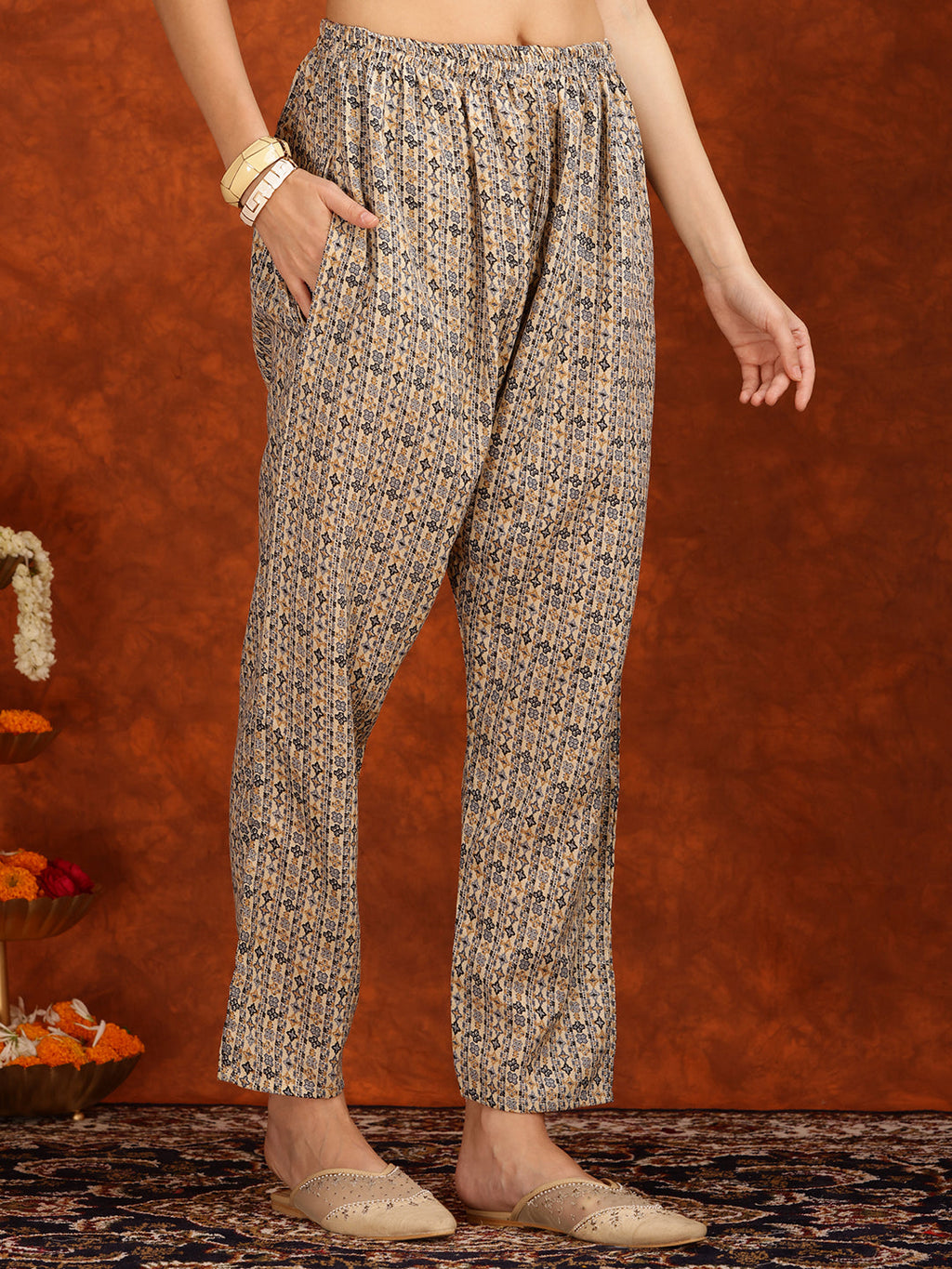Flower Embellished And Printed Pakistani Kurta With Pant & Dupatta, Brown - Hiral Fashion - Distacart