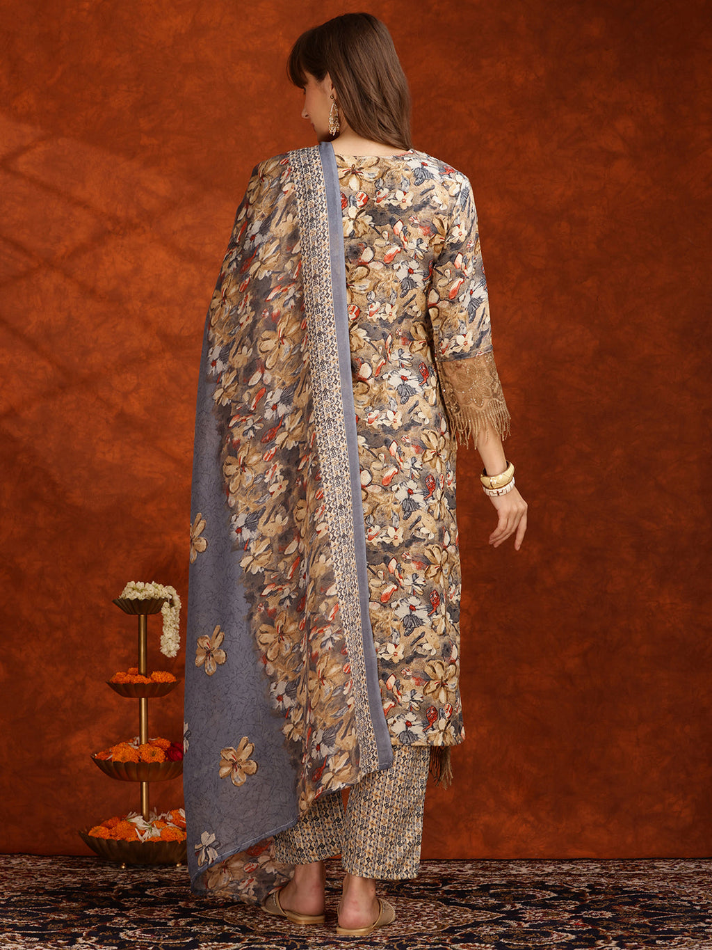 Flower Embellished And Printed Pakistani Kurta With Pant & Dupatta, Brown - Hiral Fashion - Distacart