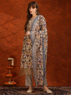 Flower Embellished And Printed Pakistani Kurta With Pant & Dupatta, Brown - Hiral Fashion - Distacart