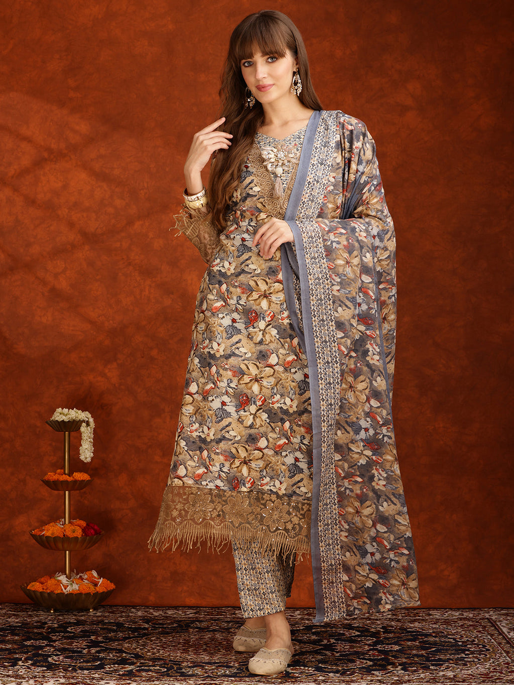Flower Embellished And Printed Pakistani Kurta With Pant & Dupatta, Brown - Hiral Fashion - Distacart