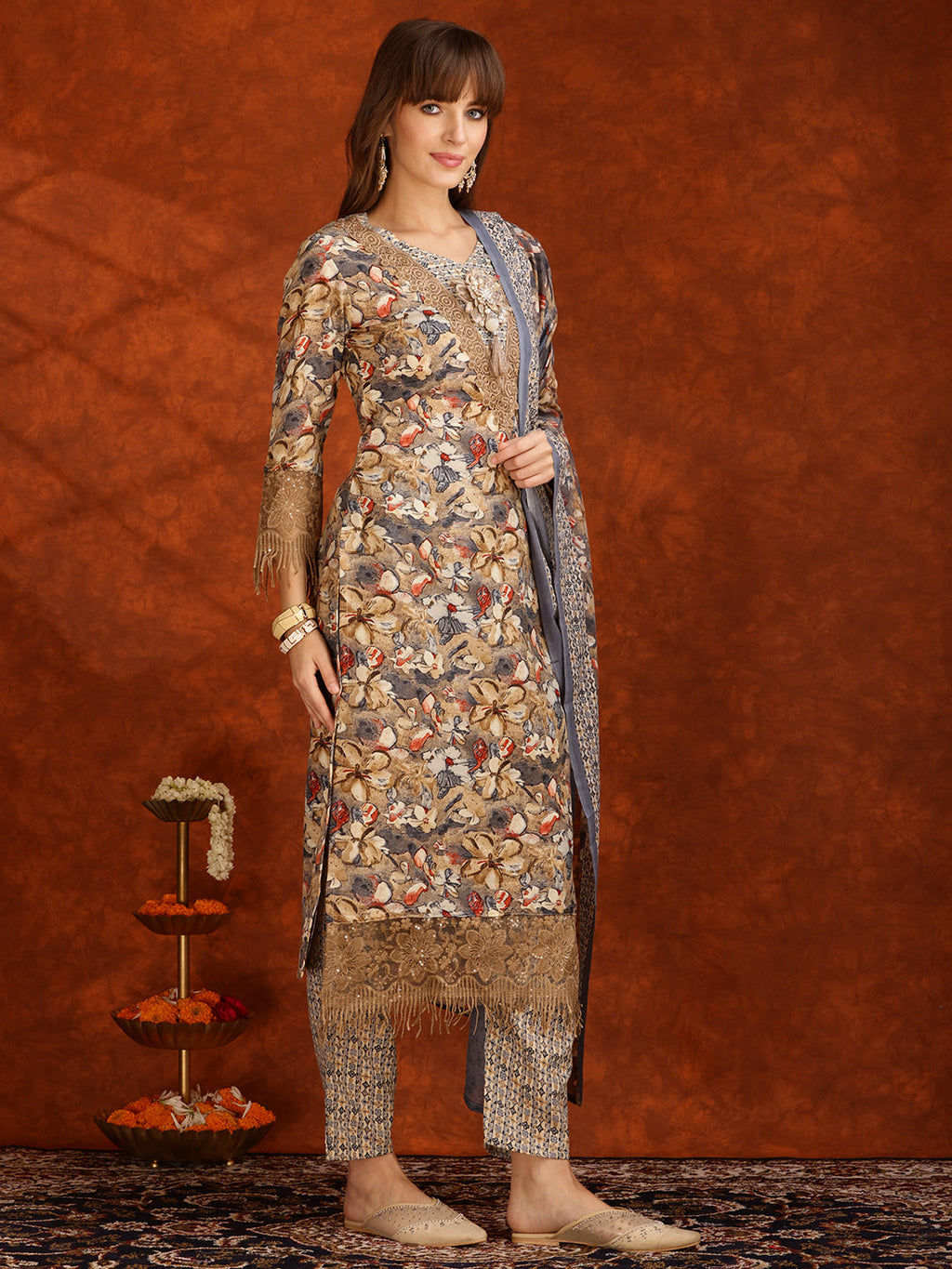 Flower Embellished And Printed Pakistani Kurta With Pant & Dupatta, Brown - Hiral Fashion - Distacart