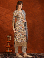 Flower Embellished And Printed Pakistani Kurta With Pant & Dupatta, Brown - Hiral Fashion - Distacart