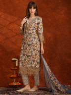 Flower Embellished And Printed Pakistani Kurta With Pant & Dupatta, Brown - Hiral Fashion - Distacart