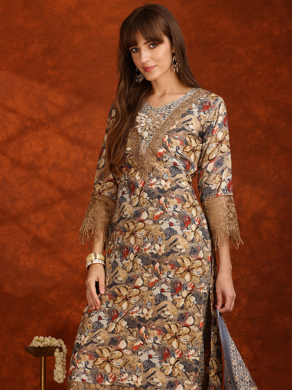 Flower Embellished And Printed Pakistani Kurta With Pant & Dupatta, Brown - Hiral Fashion - Distacart