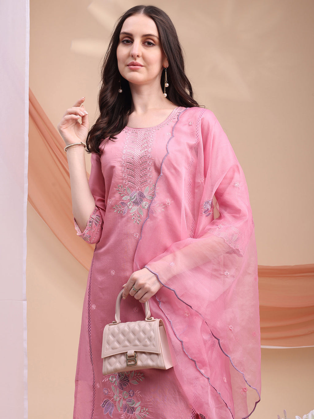 Embroidered Kurta With Pant & Organza Embroidered Dupatta, Pink - Hiral Fashion - Distacart
