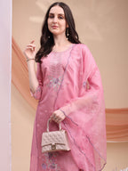 Embroidered Kurta With Pant & Organza Embroidered Dupatta, Pink - Hiral Fashion - Distacart