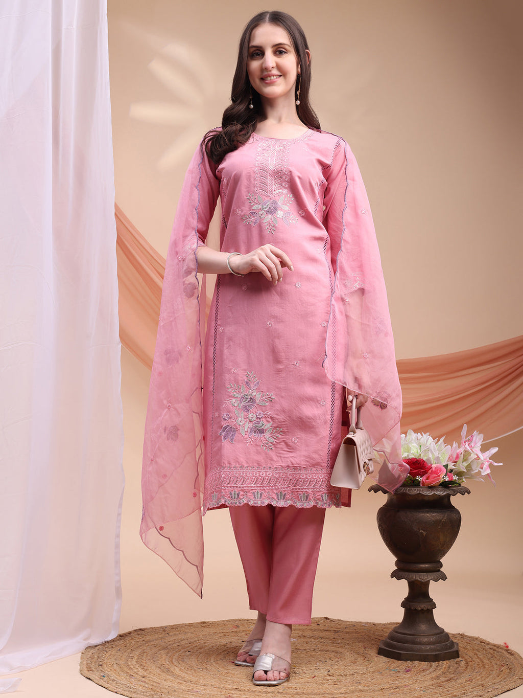 Embroidered Kurta With Pant & Organza Embroidered Dupatta, Pink - Hiral Fashion - Distacart