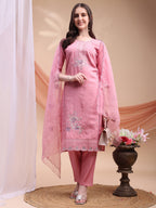 Embroidered Kurta With Pant & Organza Embroidered Dupatta, Pink - Hiral Fashion - Distacart