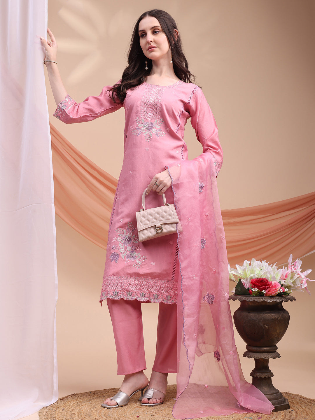 Embroidered Kurta With Pant & Organza Embroidered Dupatta, Pink - Hiral Fashion - Distacart
