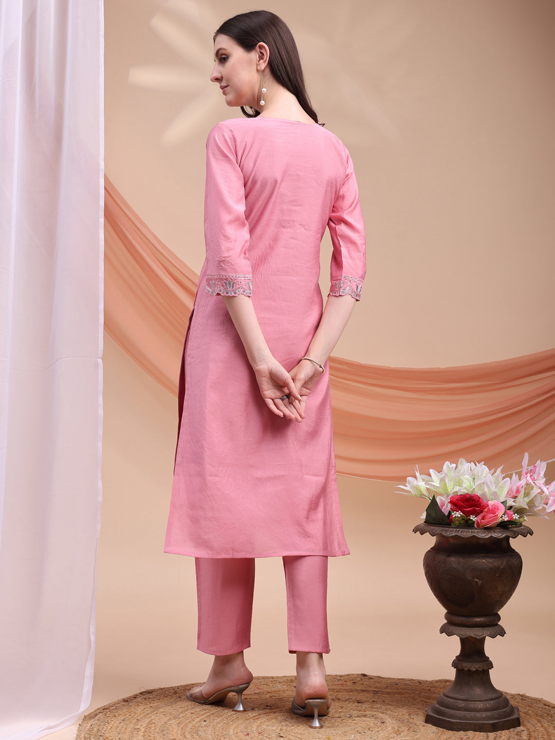 Embroidered Kurta With Pant & Organza Embroidered Dupatta, Pink - Hiral Fashion - Distacart