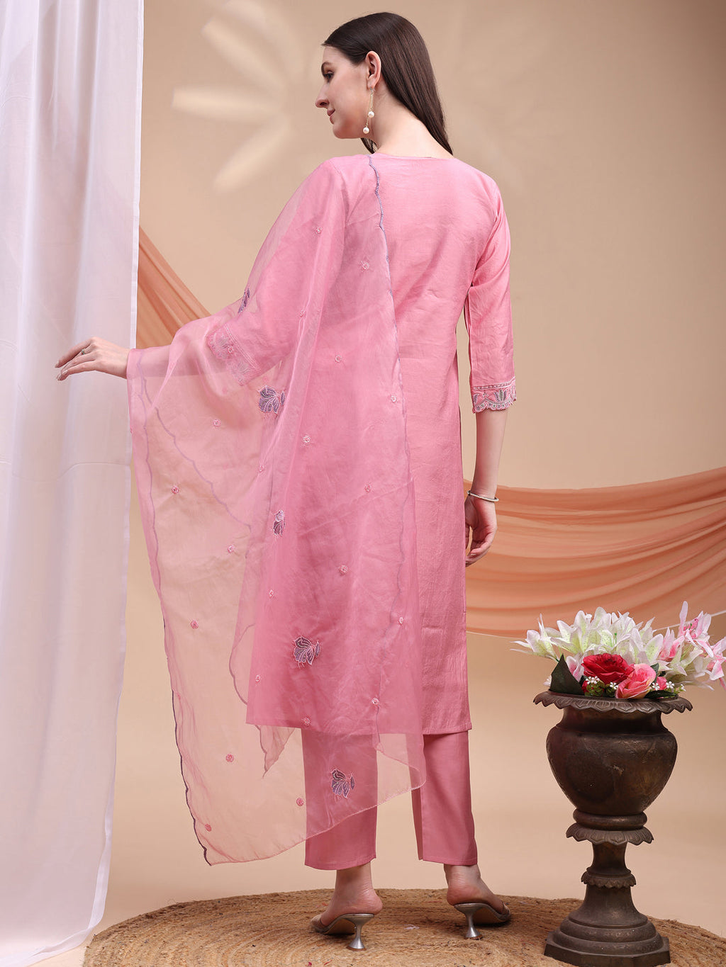 Embroidered Kurta With Pant & Organza Embroidered Dupatta, Pink - Hiral Fashion - Distacart