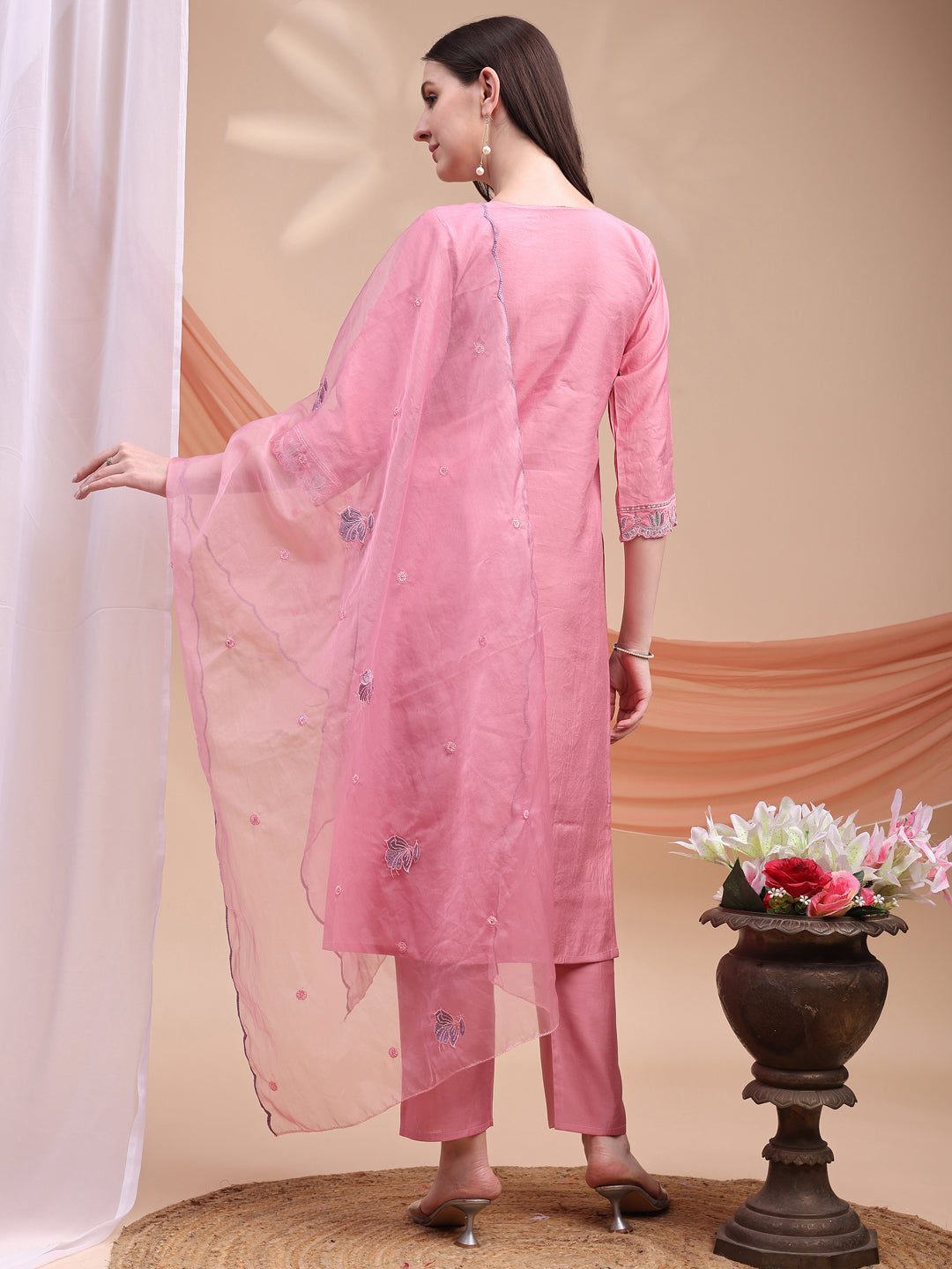 Embroidered Kurta With Pant & Organza Embroidered Dupatta, Pink - Hiral Fashion - Distacart