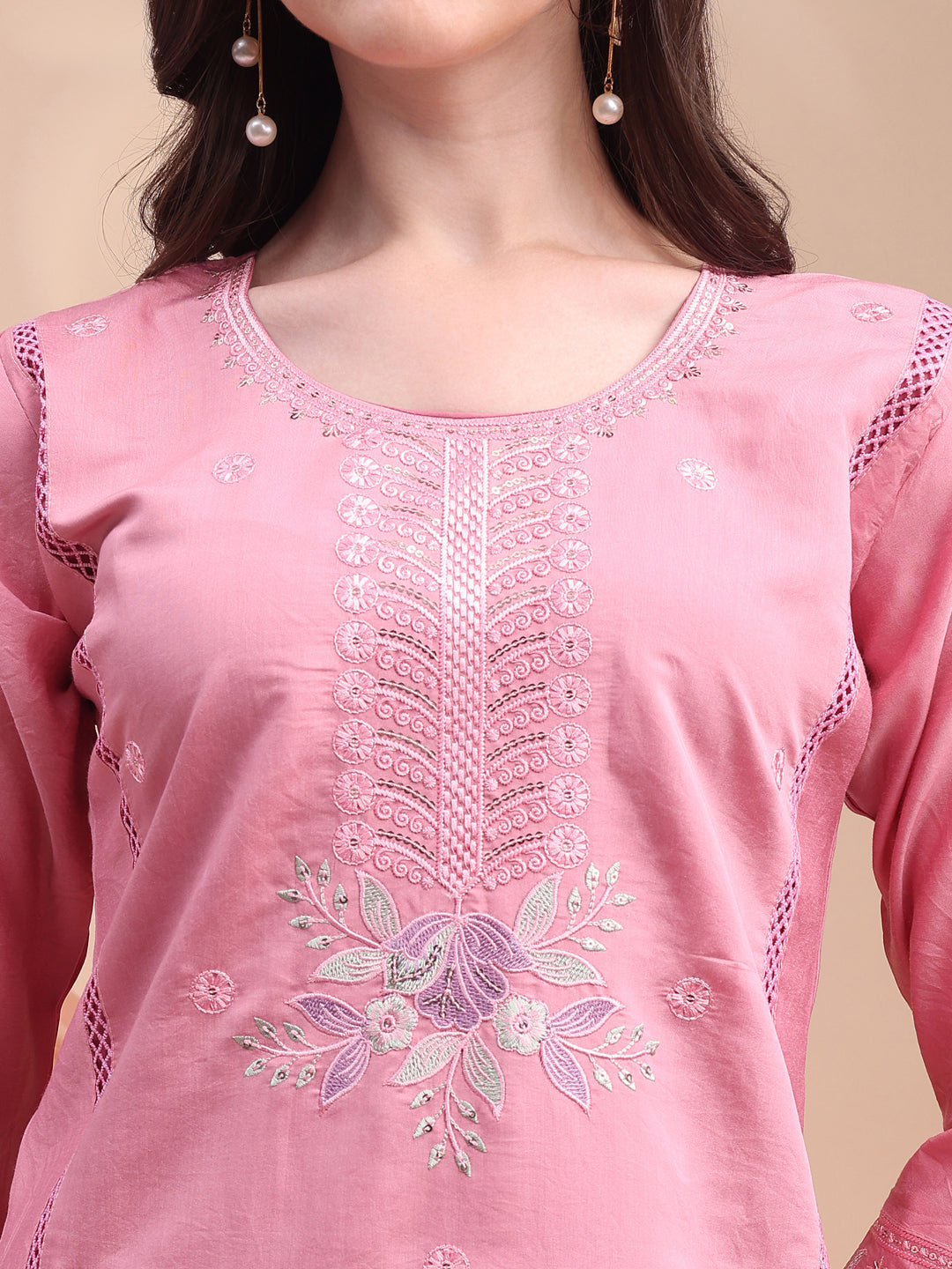 Embroidered Kurta With Pant & Organza Embroidered Dupatta, Pink - Hiral Fashion - Distacart