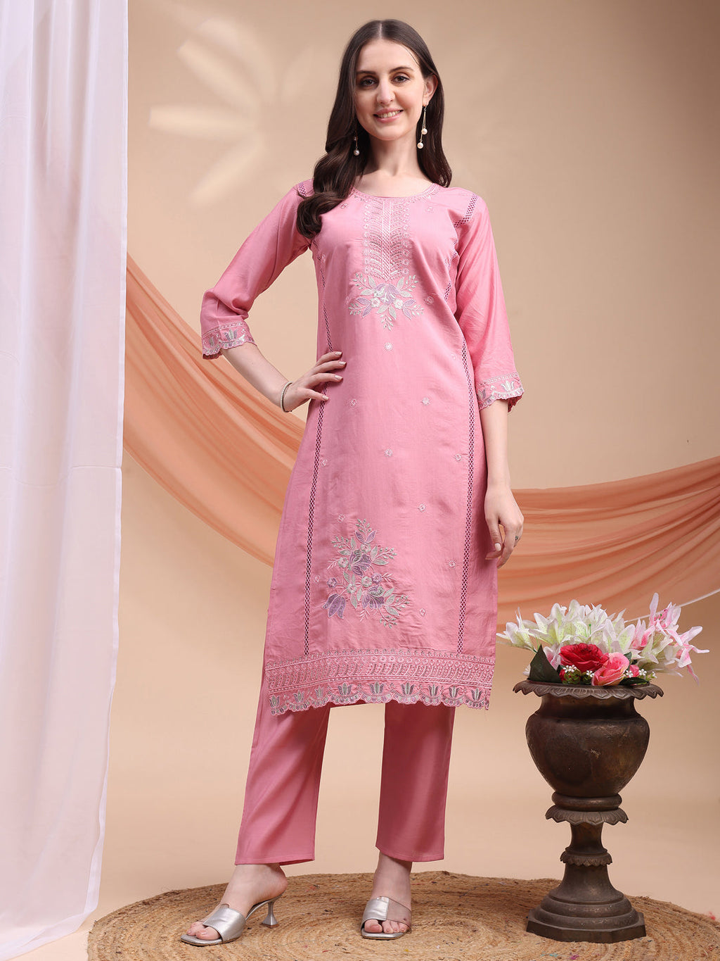 Embroidered Kurta With Pant & Organza Embroidered Dupatta, Pink - Hiral Fashion - Distacart