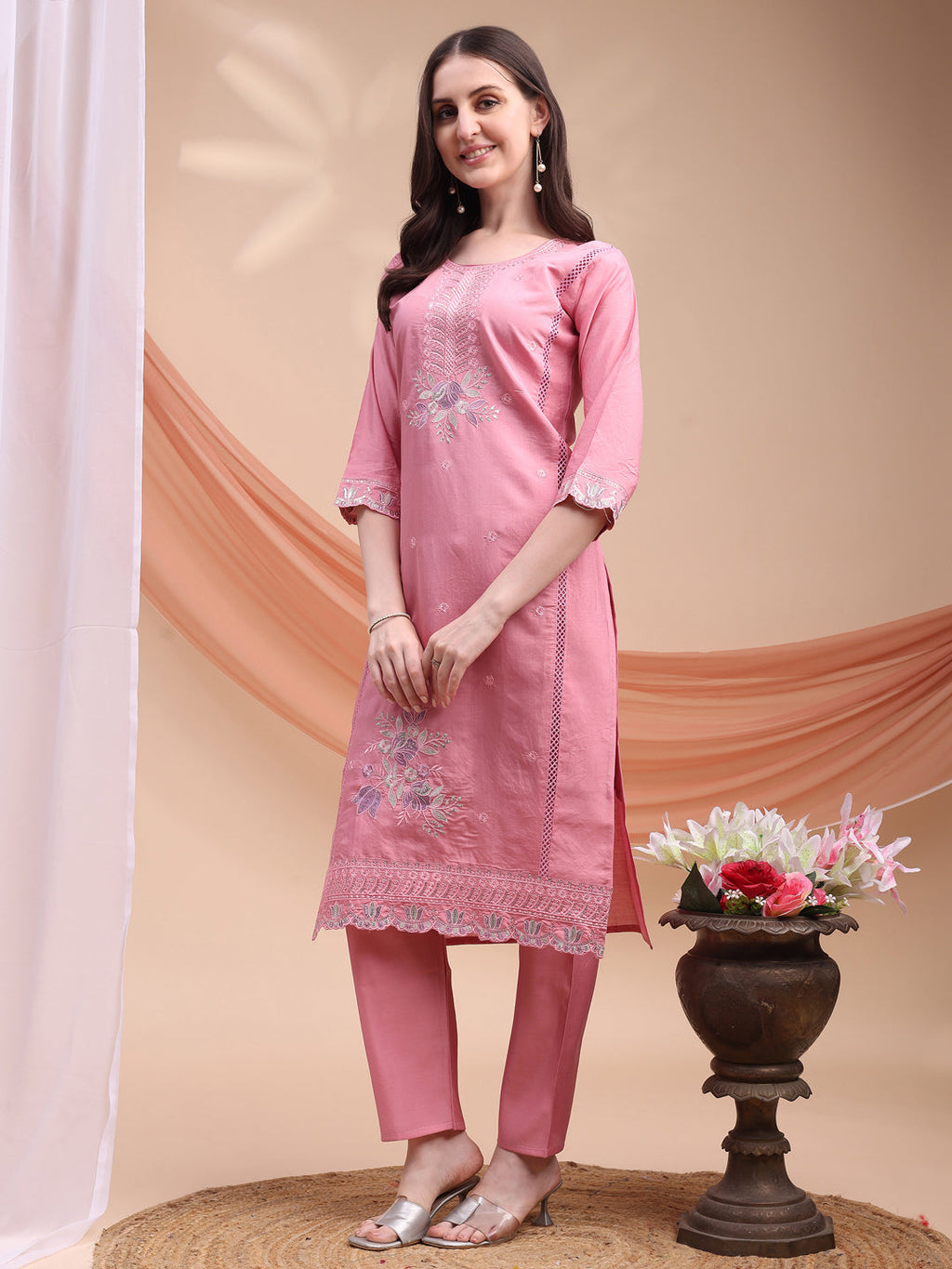 Embroidered Kurta With Pant & Organza Embroidered Dupatta, Pink - Hiral Fashion - Distacart