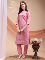 Embroidered Kurta With Pant & Organza Embroidered Dupatta, Pink - Hiral Fashion - Distacart