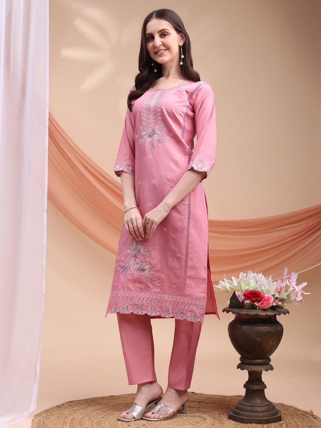 Embroidered Kurta With Pant & Organza Embroidered Dupatta, Pink - Hiral Fashion - Distacart