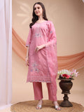 Embroidered Kurta With Pant & Organza Embroidered Dupatta, Pink - Hiral Fashion - Distacart