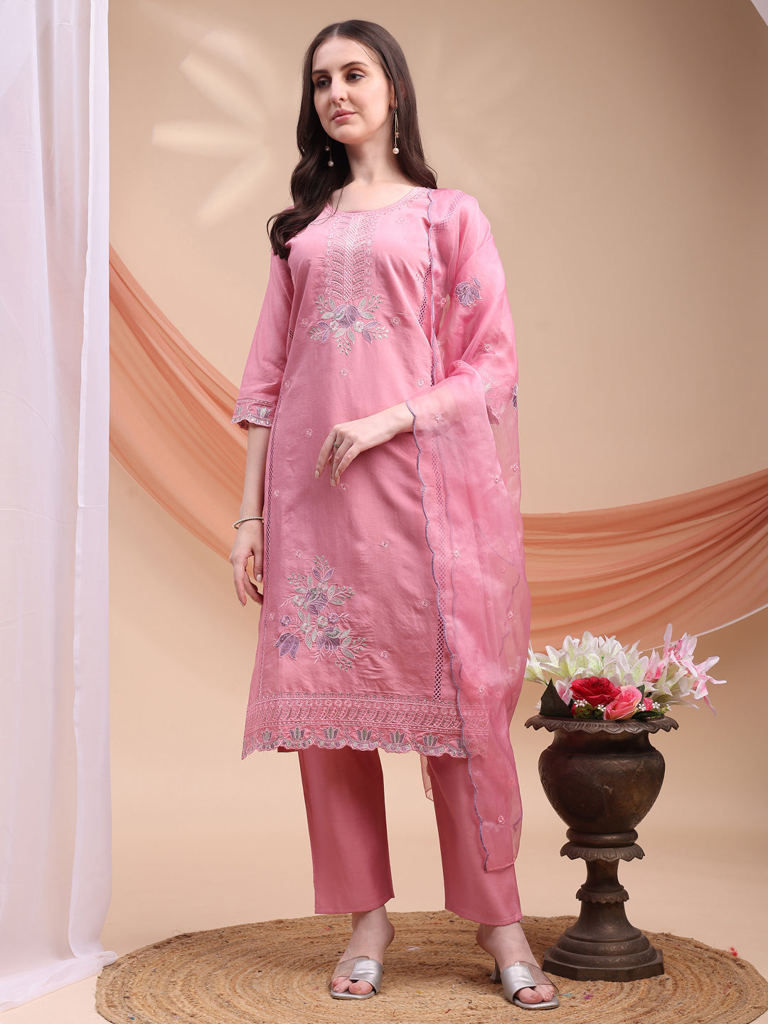 Embroidered Kurta With Pant & Organza Embroidered Dupatta, Pink - Hiral Fashion - Distacart