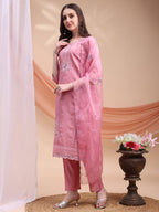 Embroidered Kurta With Pant & Organza Embroidered Dupatta, Pink - Hiral Fashion - Distacart