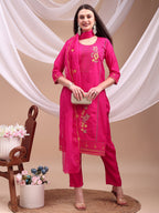 Embroidered Kurta With Pant & Organza Embroidered Dupatta, Pink - Hiral Fashion - Distacart