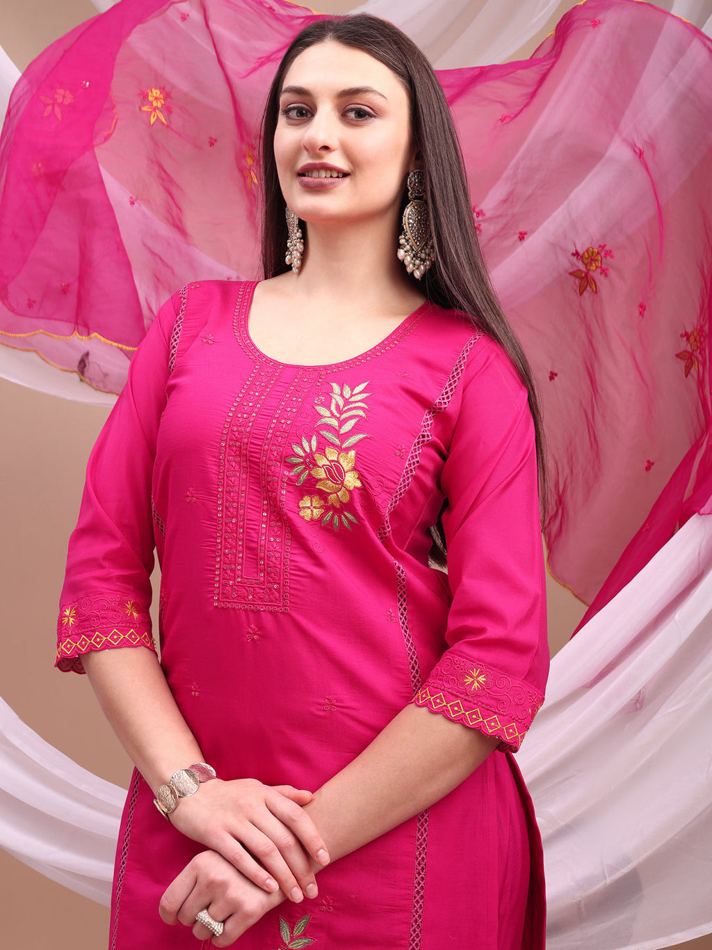 Embroidered Kurta With Pant & Organza Embroidered Dupatta, Pink - Hiral Fashion - Distacart