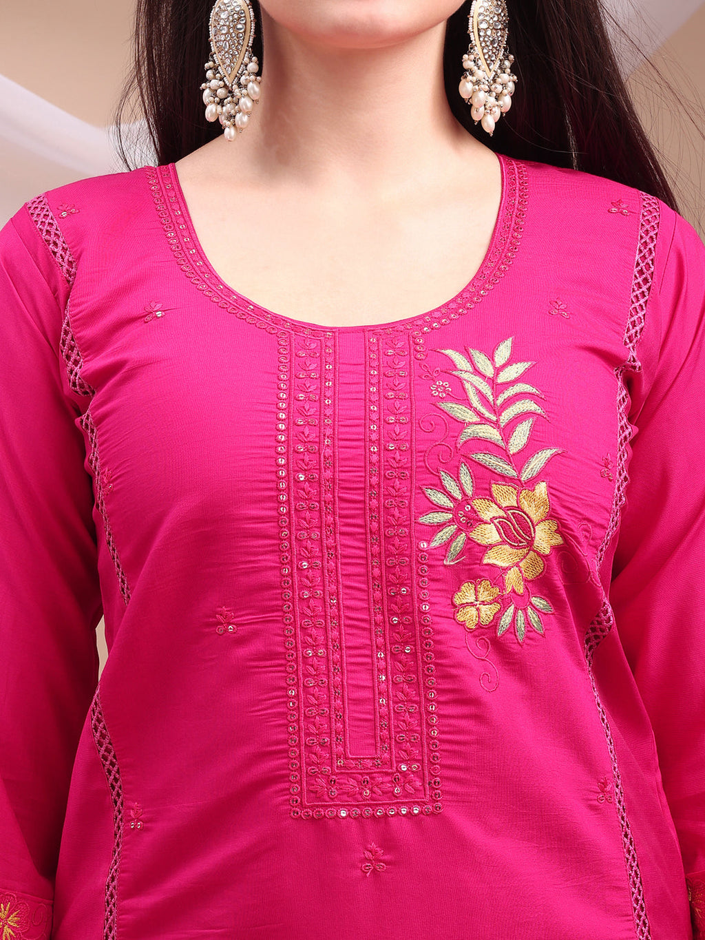 Embroidered Kurta With Pant & Organza Embroidered Dupatta, Pink - Hiral Fashion - Distacart