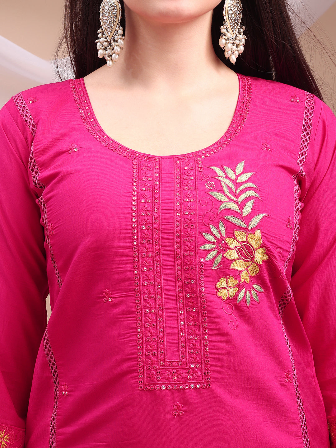 Embroidered Kurta With Pant & Organza Embroidered Dupatta, Pink - Hiral Fashion - Distacart