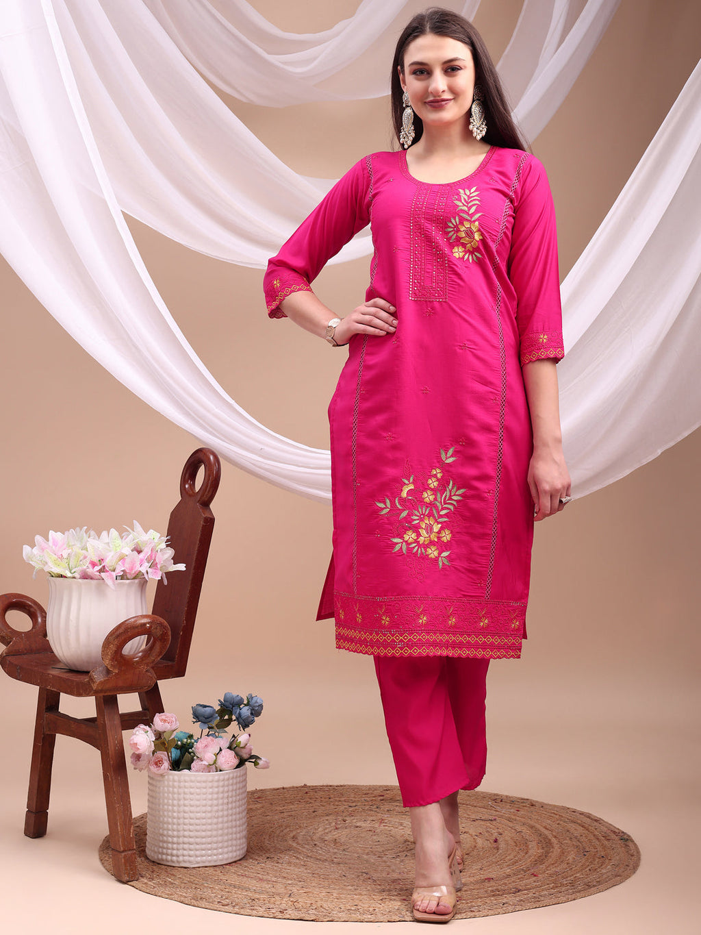 Embroidered Kurta With Pant & Organza Embroidered Dupatta, Pink - Hiral Fashion - Distacart