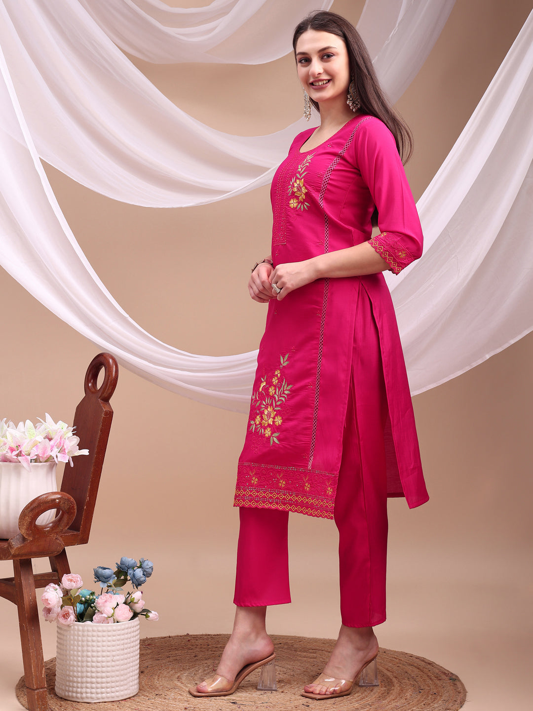 Embroidered Kurta With Pant & Organza Embroidered Dupatta, Pink - Hiral Fashion - Distacart