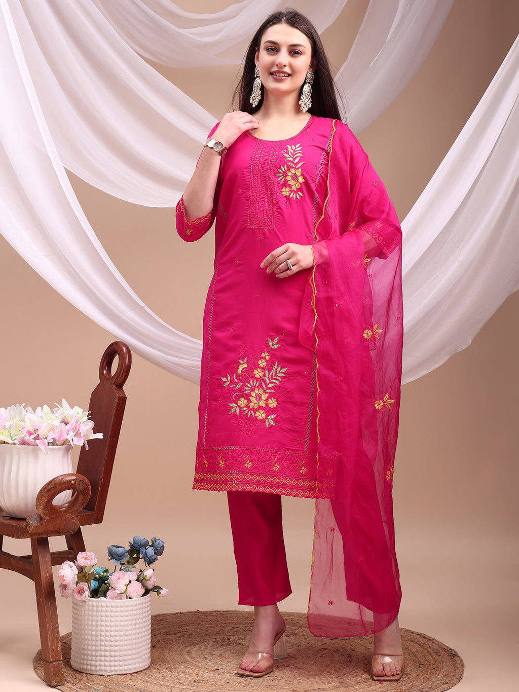 Embroidered Kurta With Pant & Organza Embroidered Dupatta, Pink - Hiral Fashion - Distacart