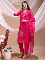 Embroidered Kurta With Pant & Organza Embroidered Dupatta, Pink - Hiral Fashion - Distacart