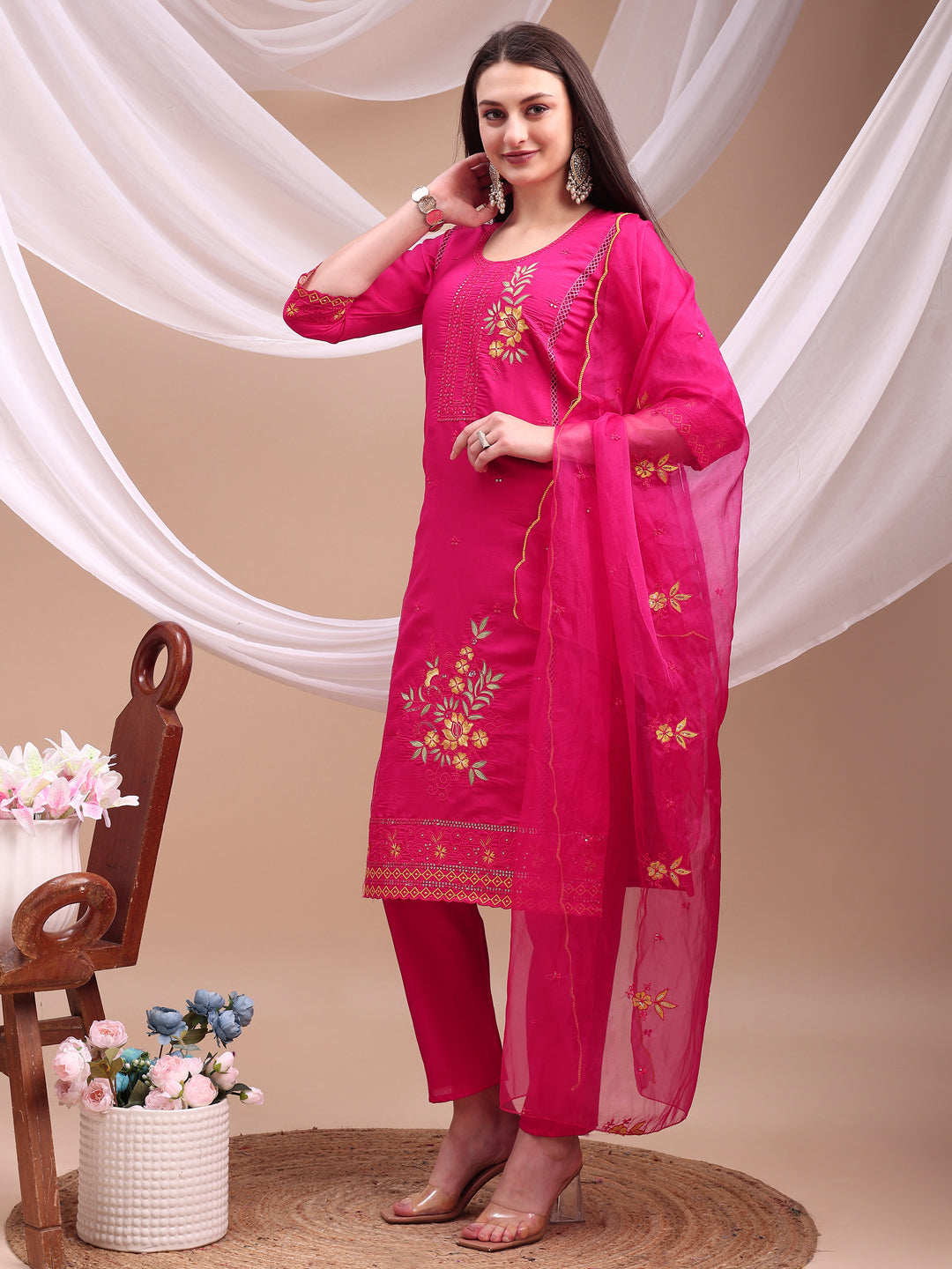 Embroidered Kurta With Pant & Organza Embroidered Dupatta, Pink - Hiral Fashion - Distacart