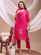 Embroidered Kurta With Pant & Organza Embroidered Dupatta, Pink - Hiral Fashion - Distacart