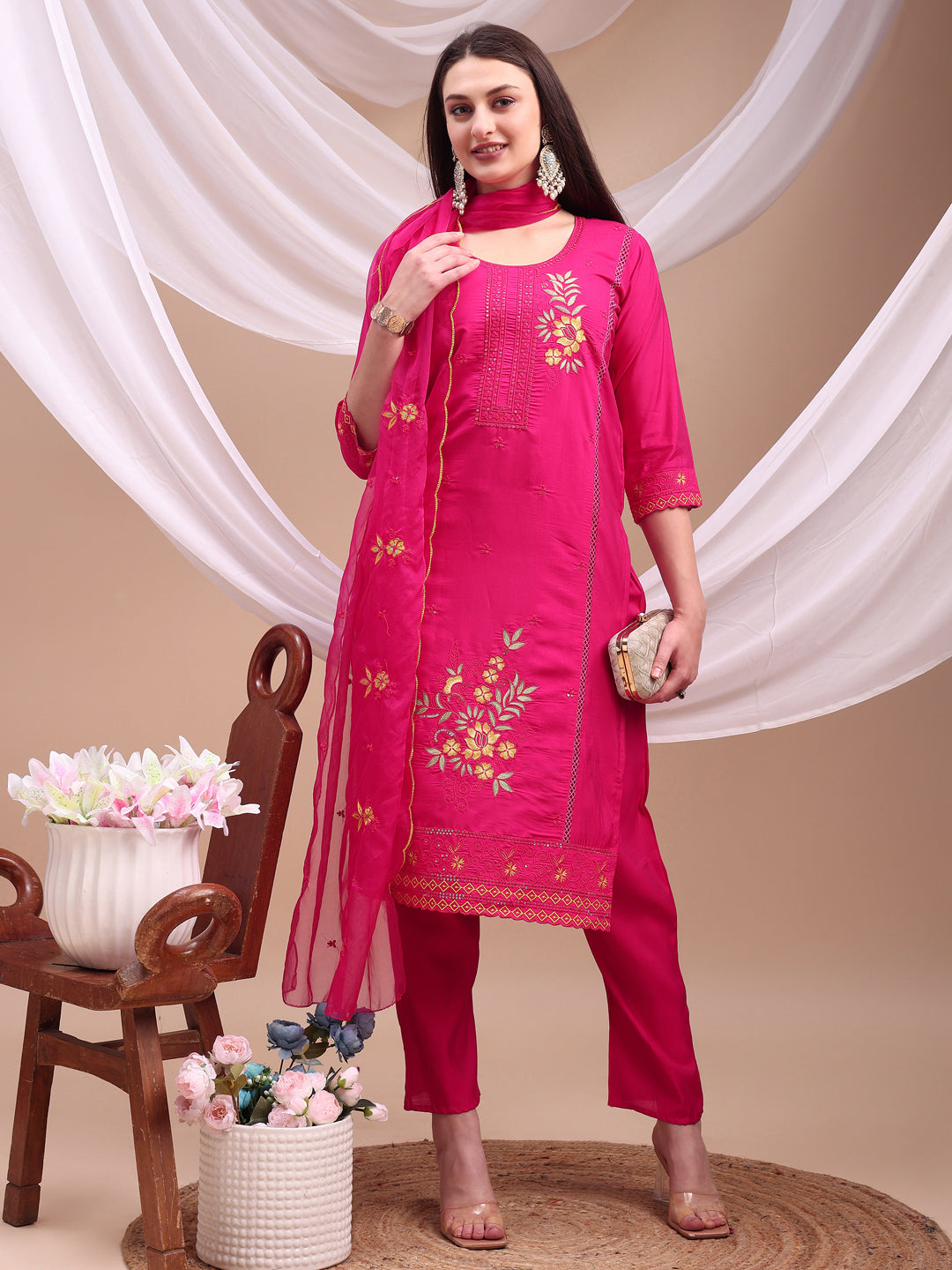 Embroidered Kurta With Pant & Organza Embroidered Dupatta, Pink - Hiral Fashion - Distacart