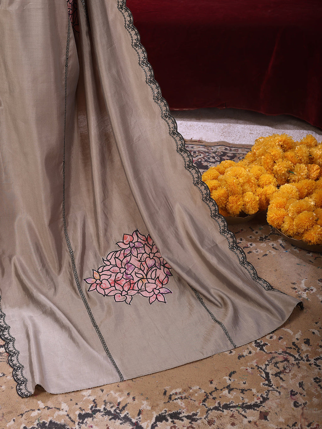 Taupe Floral-Embroidered Straight Suit Set With Lace-Bordered Dupatta And Tapered Pants, Taupe - Hiral Fashion - Distacart