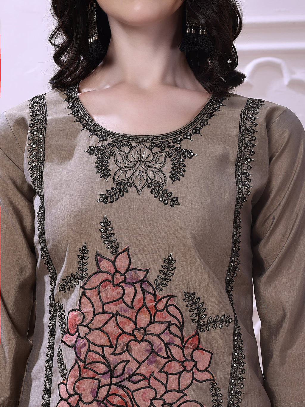 Taupe Floral-Embroidered Straight Suit Set With Lace-Bordered Dupatta And Tapered Pants, Taupe - Hiral Fashion - Distacart