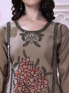 Taupe Floral-Embroidered Straight Suit Set With Lace-Bordered Dupatta And Tapered Pants, Taupe - Hiral Fashion - Distacart