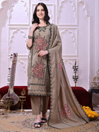 Taupe Floral-Embroidered Straight Suit Set With Lace-Bordered Dupatta And Tapered Pants, Taupe - Hiral Fashion - Distacart