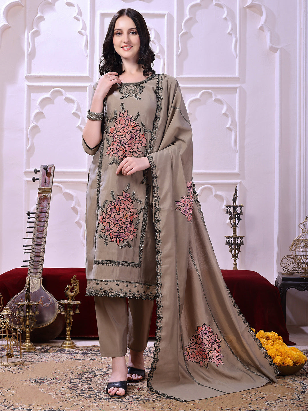 Taupe Floral-Embroidered Straight Suit Set With Lace-Bordered Dupatta And Tapered Pants, Taupe - Hiral Fashion - Distacart