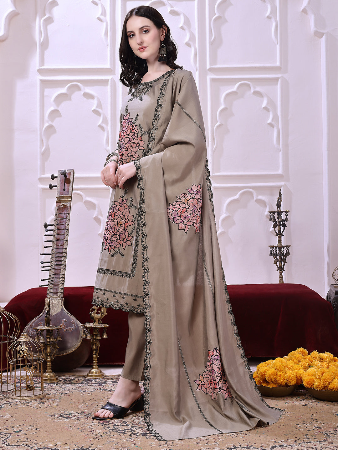 Taupe Floral-Embroidered Straight Suit Set With Lace-Bordered Dupatta And Tapered Pants, Taupe - Hiral Fashion - Distacart