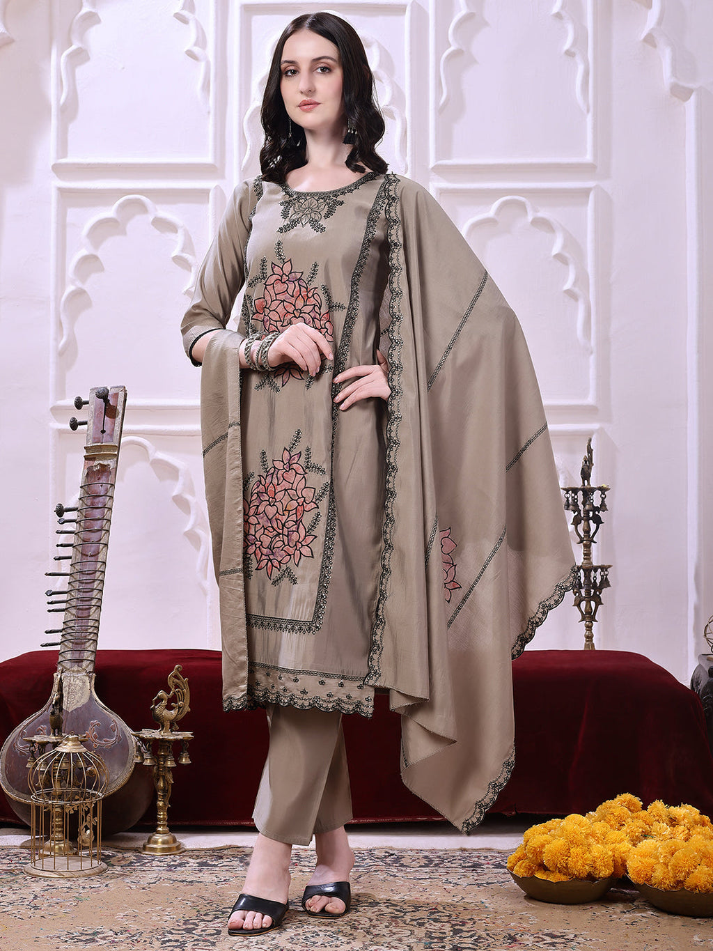 Taupe Floral-Embroidered Straight Suit Set With Lace-Bordered Dupatta And Tapered Pants, Taupe - Hiral Fashion - Distacart