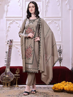 Taupe Floral-Embroidered Straight Suit Set With Lace-Bordered Dupatta And Tapered Pants, Taupe - Hiral Fashion - Distacart