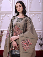 Taupe Floral-Embroidered Straight Suit Set With Lace-Bordered Dupatta And Tapered Pants, Taupe - Hiral Fashion - Distacart